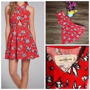 Abercrombie red floral, cross front skater dress.